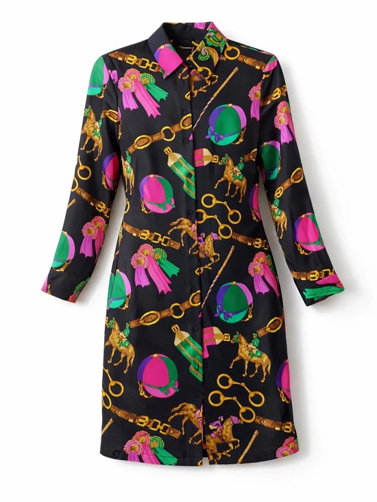 Ralph Lauren Dresses & Skirts - Ralph Lauren Black Shirt Dress with Pink, Green & Gold Equestrian Motif